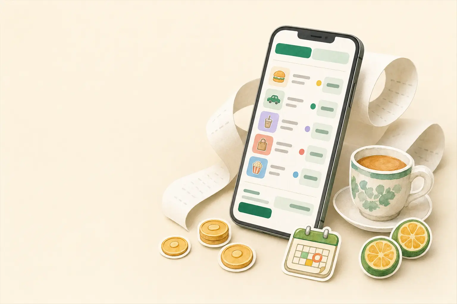 Watercolor Kongsi phone scene with receipts, coffee, coins and calamansi